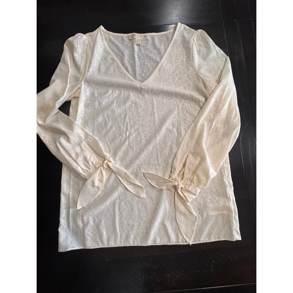 Michael Michael Kors Cream Snakeskin Jacquard V-Neck Tie Cuff Blouse Small